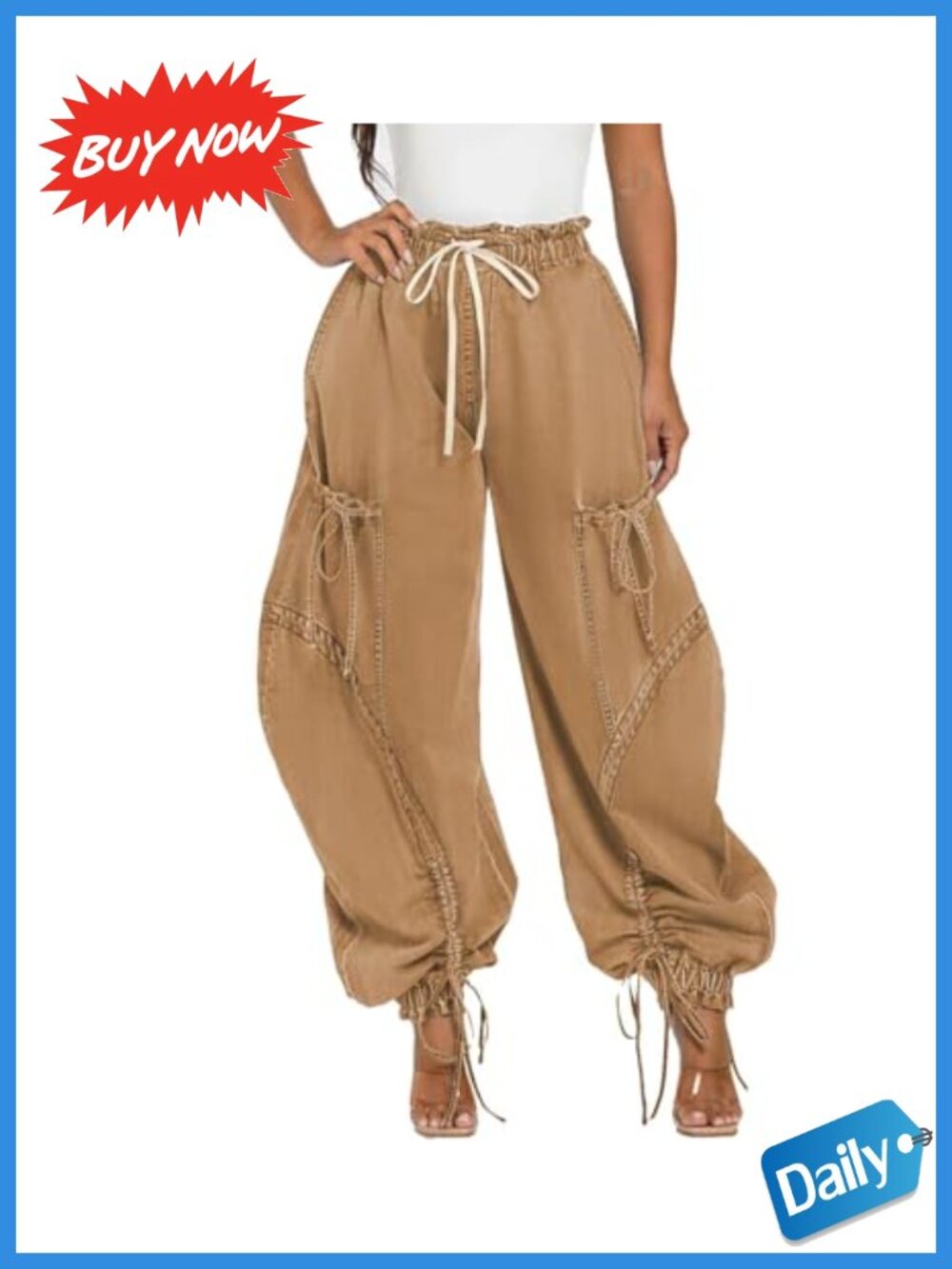 Womens Parachute Cargo Jeans Drawstring Ankle Tie High Rise Streetwear